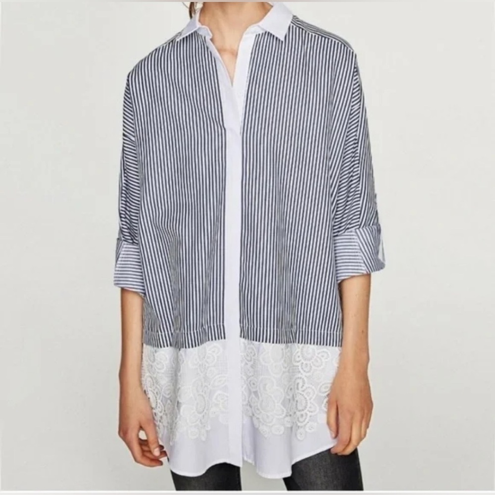 Zara Basic Striped Button-Up Shirt with Lace Hem - Size XS (oversized!)